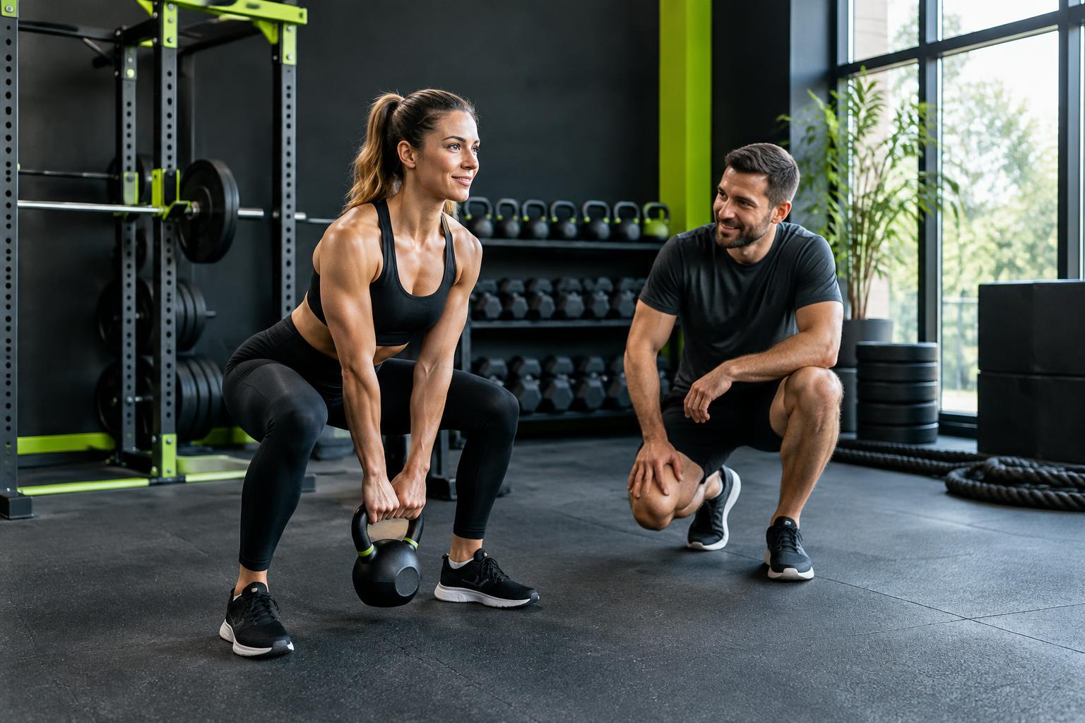 Entrenadora y deportista en una sesión de fuerza con pesa rusa