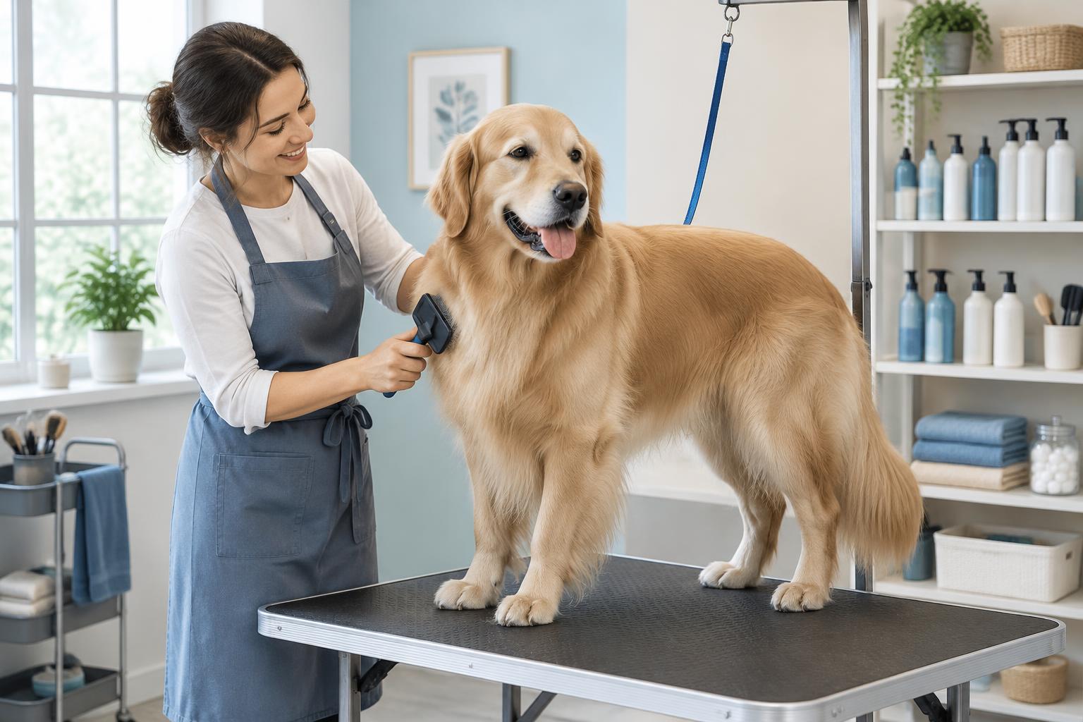 Peluquera canina cepillando con cuidado a un golden retriever
