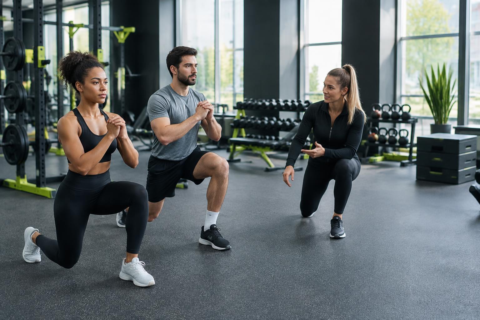 Grupo reducido practicando zancadas con una entrenadora en el gimnasio